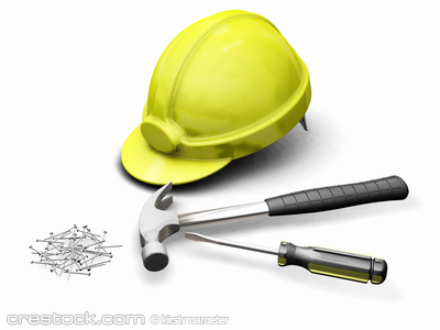 3D render of hard hat and tools