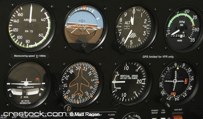 A control panel in a small airplane is filled ...
